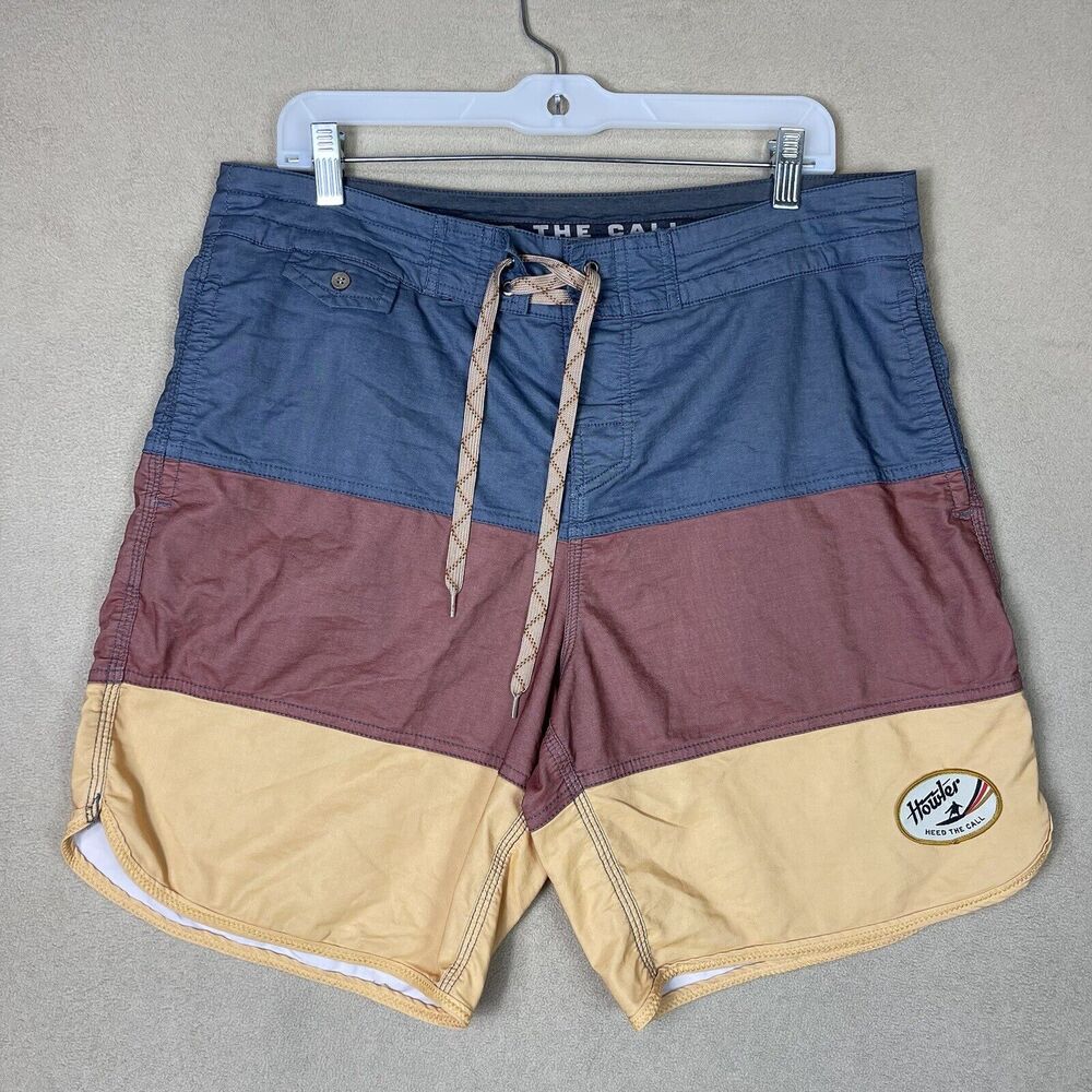 Howler Brothers Men’s Colorblock Swim Trunks — Blue, Burgundy & Tan